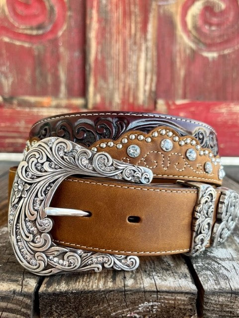 Ladies Two Toned Tooled Leather Belt with Studs and jewels - C50499 - BLAIR'S WESTERN WEAR MARBLE FALLS, TX 