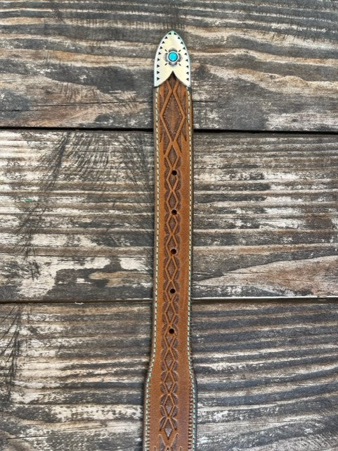 Ladies Brown Tooled Leather Belt with Etched Buckle and Stones - C51299 - BLAIR'S WESTERN WEAR MARBLE FALLS, TX