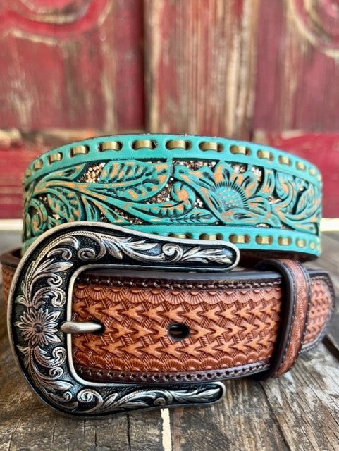 Ladies Floral Tooled Leather Belt with Silver Buckle
