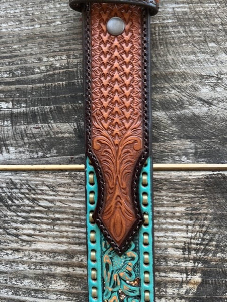 Ladies Floral Tooled Leather Belt with Silver Buckle