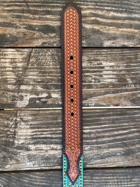 Ladies Floral Tooled Leather Belt with Silver Buckle
