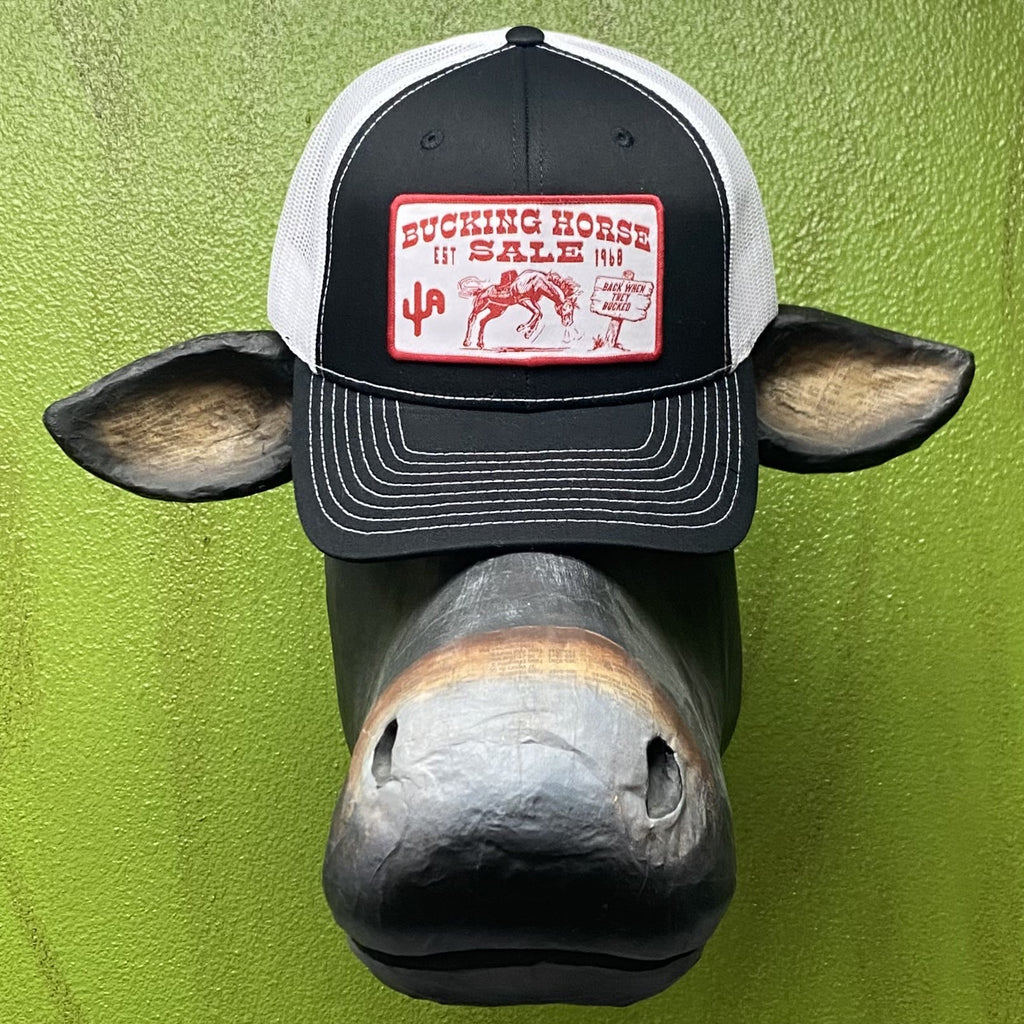 Men's Cactus Alley Cap in Black White Red With Embroidered Patch "Bucking Horse For Sale" - P158 -  BLAIR'S WESTERN WEAR MARBLE FALLS, TX 