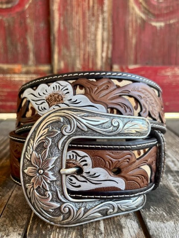 Ladies Tooled Leather Belt in White/Brown - N320002402 - BLAIR'S WESTERN WEAR MARBLE FALLS, TX 
