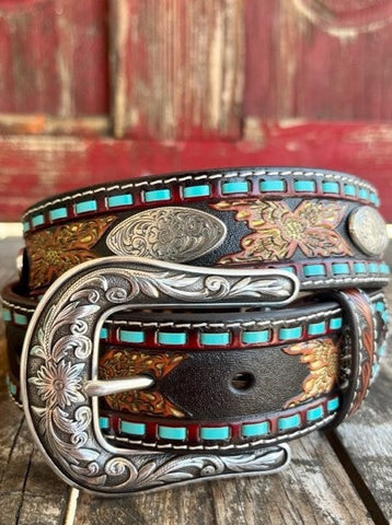Ladies TOoled Leather Belt with Silver Conchos and Rawhide stitching - N320000764 - BLAIR'S WESTERN WEAR MARBLE FALLS, TX 