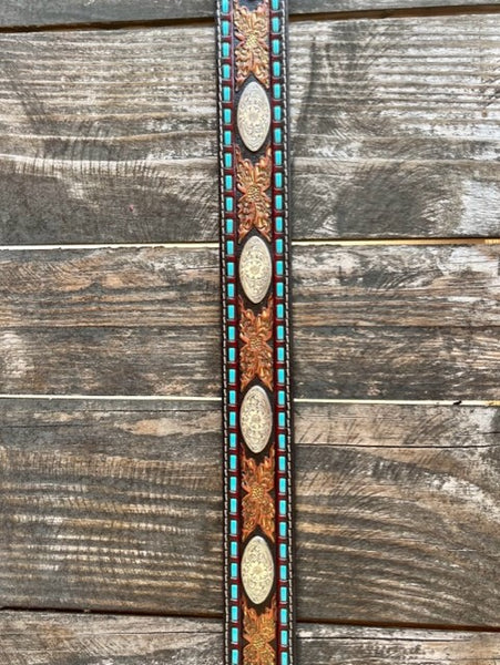 Ladies TOoled Leather Belt with Silver Conchos and Rawhide stitching - N320000764 - BLAIR'S WESTERN WEAR MARBLE FALLS, TX