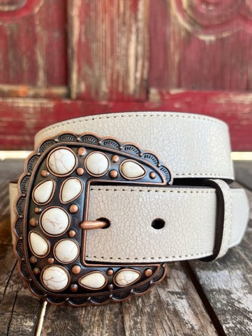 Ladies White Crackle Belt with Etched Buckle with Stone Detailing - D140006605 - Blair's Western Wear Marble Falls, TX 