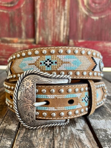 Ladies Belt in Embroidered Aztec Design and Silver Conchos/Stud Detailing - N320003044 - BLAIR'S WESTERN WEAR MARBLE FALLS, TX 