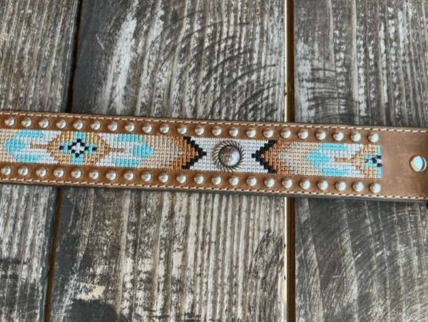 Ladies Belt in Embroidered Aztec Design and Silver Conchos/Stud Detailing - N320003044 - BLAIR'S WESTERN WEAR MARBLE FALLS, TX