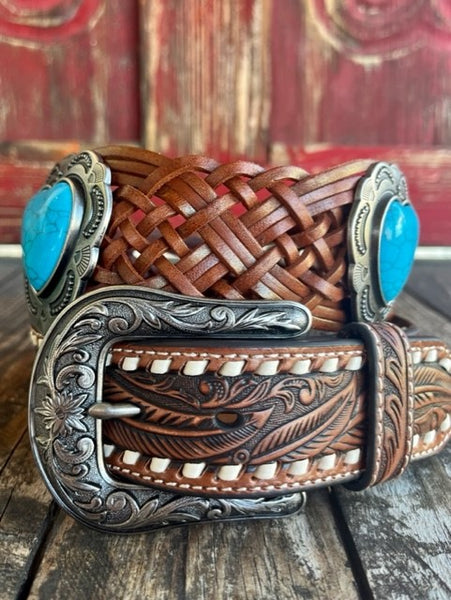 Women's Tooled and Braided Leather Belt with Turquoise Heart Conchos - D140002408 - BLAIR'S WESTERN WEAR MARBLE FALLS, TX