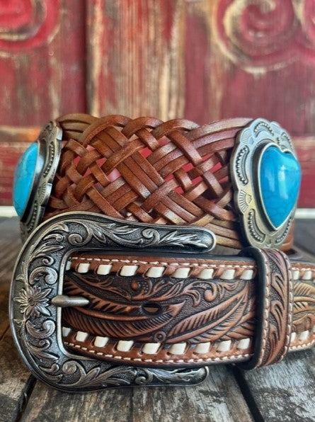 Women's Tooled and Braided Leather Belt with Turquoise Heart Conchos - D140002408 - BLAIR'S WESTERN WEAR MARBLE FALLS, TX 