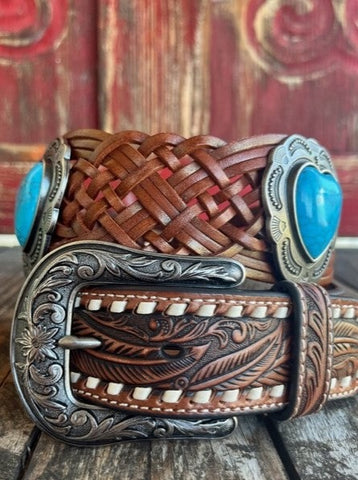 Women's Tooled and Braided Leather Belt with Turquoise Heart Conchos - D140002408 - BLAIR'S WESTERN WEAR MARBLE FALLS, TX 