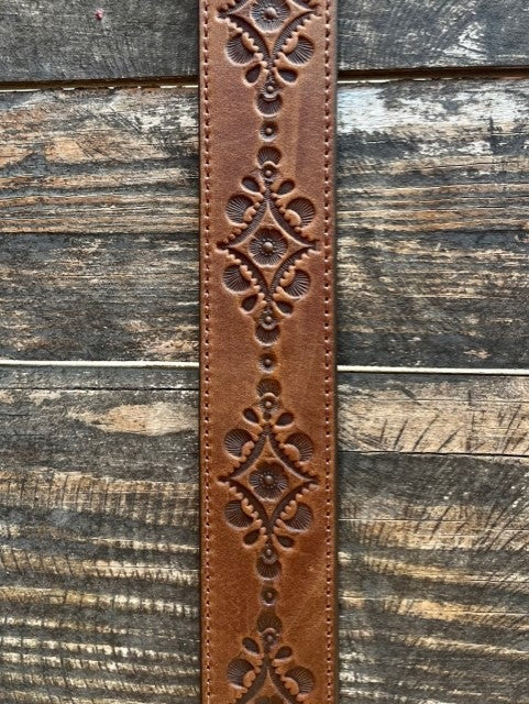 Ladies Tooled Leather Belt with Turquoise Heart Buckle