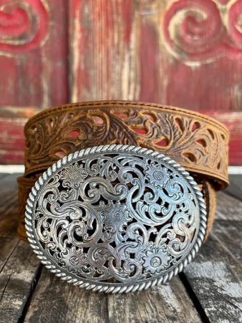 Ladies Laser Cutout Tooled Leather Belt