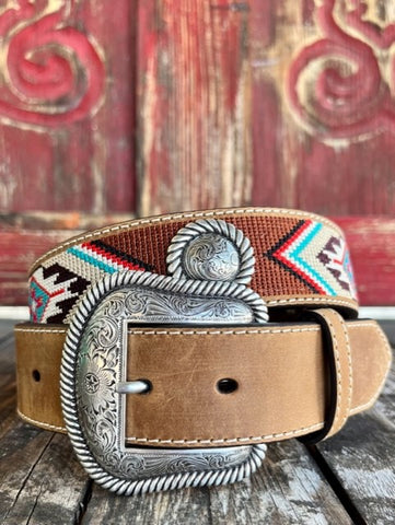 Ladies Smooth Leather Belt with Metal Conchos and Embroidered Aztec Design - N320002944 - Blair's Western Wear Marble Falls, TX 