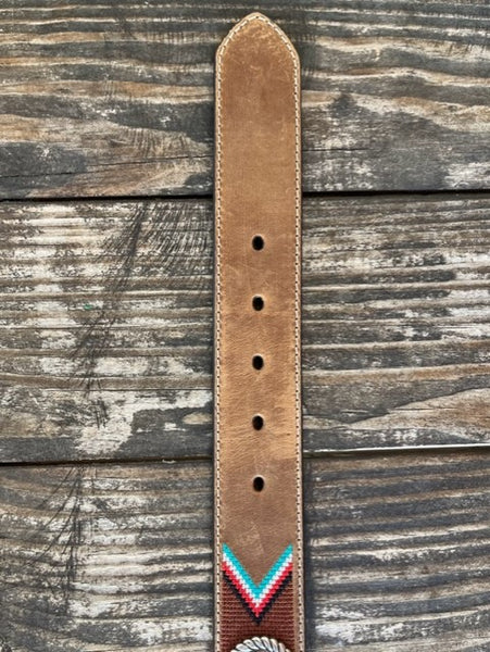 Ladies Smooth Leather Belt with Metal Conchos and Embroidered Aztec Design - N320002944 - Blair's Western Wear Marble Falls, TX