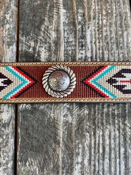 Ladies Smooth Leather Belt with Metal Conchos and Embroidered Aztec Design - N320002944 - Blair's Western Wear Marble Falls, TX