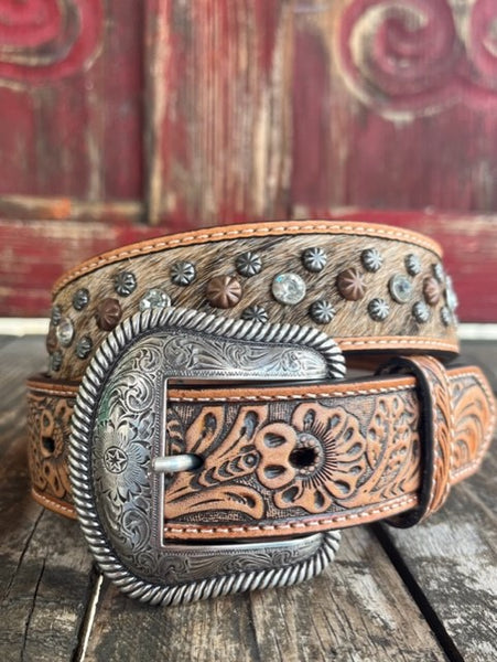 Ladies Tooled Leather Belt with Cowhide and Studs - N320003208 - Blair's Western Wear Marble Falls, TX 