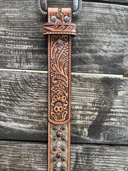 Ladies Tooled Leather Belt with Cowhide and Studs - N320003208 - Blair's Western Wear Marble Falls, TX