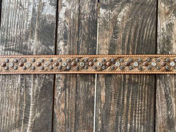 Ladies Tooled Leather Belt with Cowhide and Studs - N320003208 - Blair's Western Wear Marble Falls, TX
