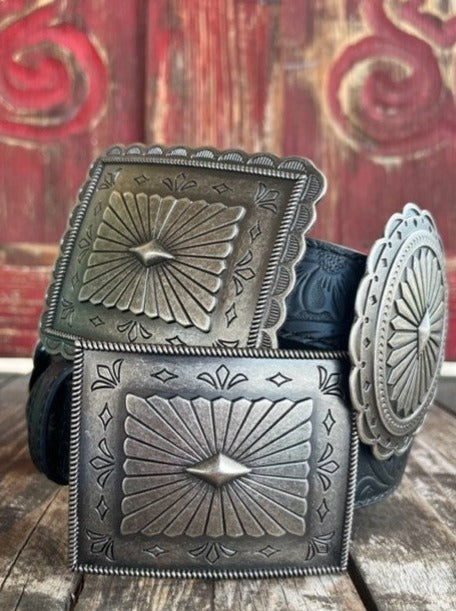Men's Oversized Concho Belt in Tooled Black Leather with Oval & Rectangle Oversized Conchos - A1531801 - BLAIR'S WESTERN WEAR IN MARBLE FALLS, TX 