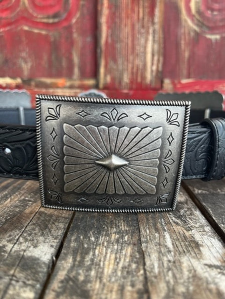 Men's Oversized Concho Belt in Tooled Black Leather with Oval & Rectangle Oversized Conchos - A1531801 - BLAIR'S WESTERN WEAR IN MARBLE FALLS, TX