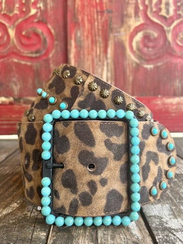 Ladies Wide Leopard Print Belt in Brown & Tan with Stud Detials & Turquoise - BE21LEO - BLAIR'S WESTERN WEAR MARBLE FALLS, TX 