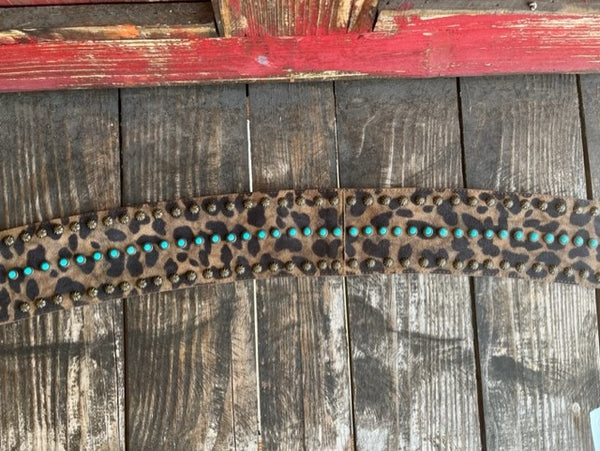 Ladies Wide Leopard Print Belt in Brown & Tan with Stud Detials & Turquoise - BE21LEO - BLAIR'S WESTERN WEAR MARBLE FALLS, TX