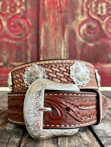 Men's Tooled Leather Belt with Silver Etched Conchos - XABS1002 - BLAIR'S WESTERN WEAR MARBLE FALLS, TX 