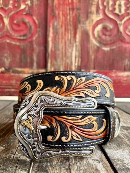 Men's Two Toned Tooled Leather Belt with Tan Overlay and Etched Bronco Buckle - C41519 - Blair's Western Wear Marble Falls, TX 