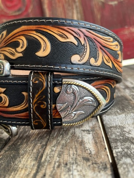 Men's Two Toned Tooled Leather Belt with Tan Overlay and Etched Bronco Buckle - C41519 - Blair's Western Wear Marble Falls, TX