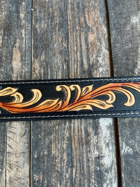 Men's Two Toned Tooled Leather Belt with Tan Overlay and Etched Bronco Buckle - C41519 - Blair's Western Wear Marble Falls, TX