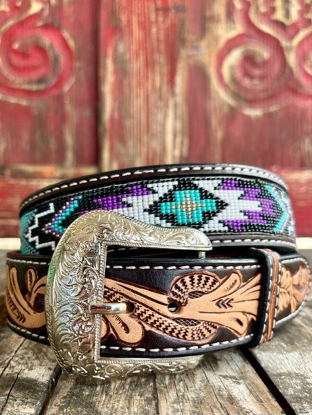 Men's Tooled Leather Belt with Beaded Aztec Design in Tan/Black/Purple/Turquoise - BT1017 - BLAIR'S WESTERN WEAR MARBLE FALLS, TX 