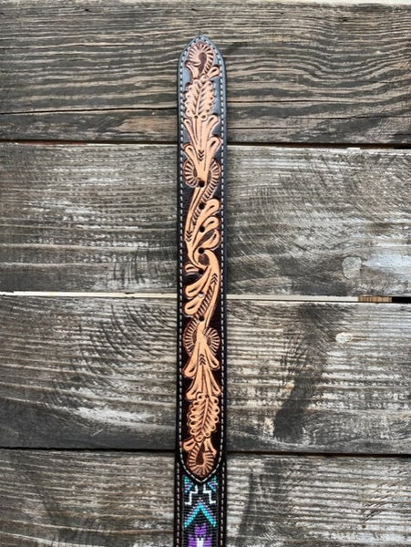 Men's Tooled Leather Belt with Beaded Aztec Design in Tan/Black/Purple/Turquoise - BT1017 - BLAIR'S WESTERN WEAR MARBLE FALLS, TX