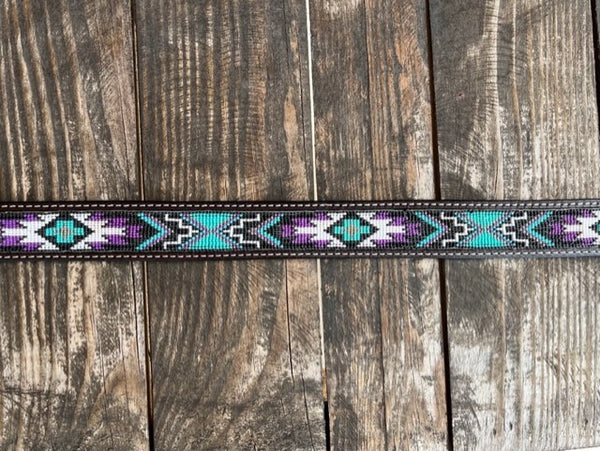 Men's Tooled Leather Belt with Beaded Aztec Design in Tan/Black/Purple/Turquoise - BT1017 - BLAIR'S WESTERN WEAR MARBLE FALLS, TX