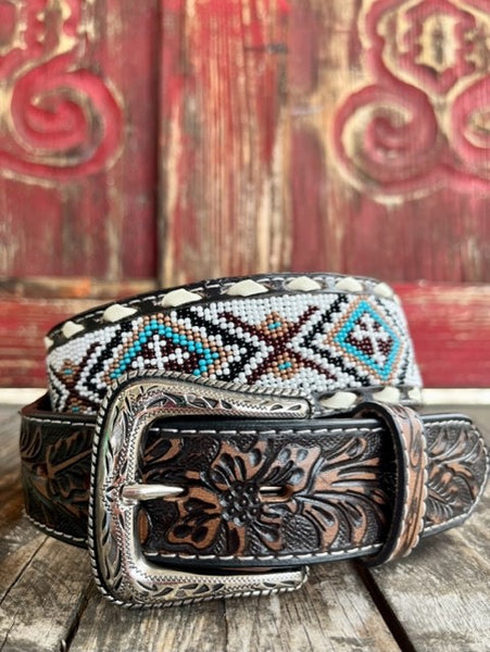 Men's Tooled Leather Belt With Beaded Aztec Design & Rawhide Stitching - N210005505 - Blair's Western Wear Marble Falls, TX 
