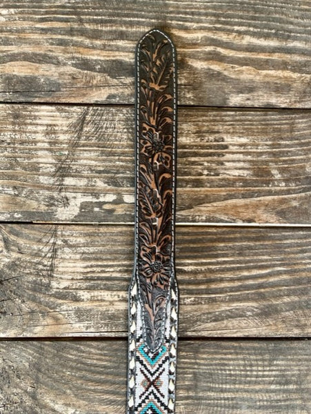 Men's Tooled Leather Belt With Beaded Aztec Design & Rawhide Stitching - N210005505 - Blair's Western Wear Marble Falls, TX