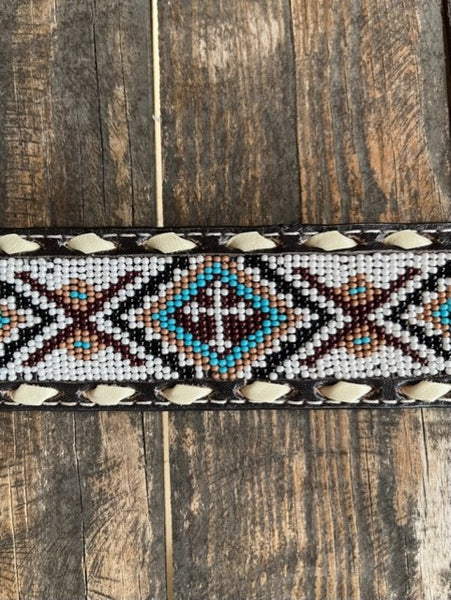 Men's Tooled Leather Belt With Beaded Aztec Design & Rawhide Stitching - N210005505 - Blair's Western Wear Marble Falls, TX