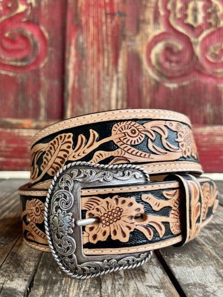 Men's Tooled Leather Belt in Tan & Black with Etched Buckle - N2496948 - Blair's Western Wear Marble Falls, TX
