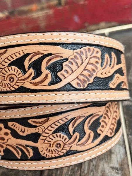 Men's Tooled Leather Belt in Tan & Black with Etched Buckle - N2496948 - Blair's Western Wear Marble Falls, TX