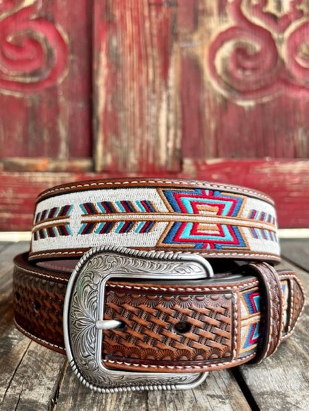 Men's Tooled Leather Belt With Embroidered Aztec Design in Brown/Multi Colorful - D100013702 - Blair's Western Wear Marble Falls, TX 