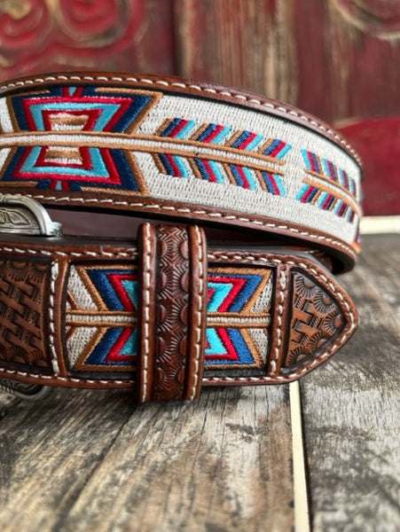 Men's Tooled Leather Belt With Embroidered Aztec Design in Brown/Multi Colorful - D100013702 - Blair's Western Wear Marble Falls, TX