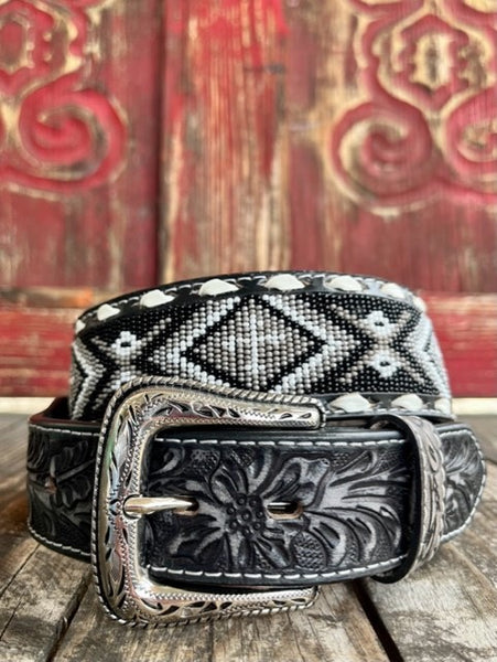Men's Tooled Black Leather Belt with Aztec Bead Work in Black/Grey/White - N210005501 - Blair's Western Wear Marble Falls, TX 