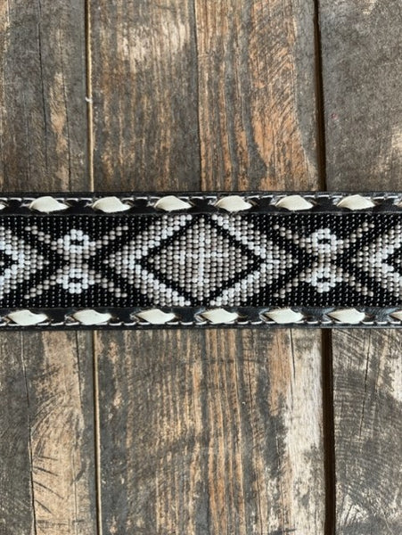 Men's Tooled Black Leather Belt with Aztec Bead Work in Black/Grey/White - N210005501 - Blair's Western Wear Marble Falls, TX