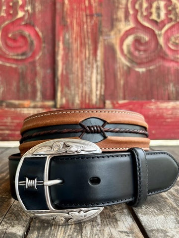 Men's Barbed Wire Belt with Black Smooth Leather Overlay and etched Buckle - C10813 - Blair's Western Wear Marble Falls, TX 