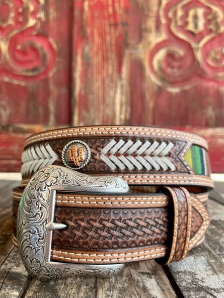Men's Tooled Leather Belt in Brown with White Raw Hide Stitching & Serape Designs - N210002897 - BLAIR'S WESTERN WEAR MARBLE FALLS, TX 