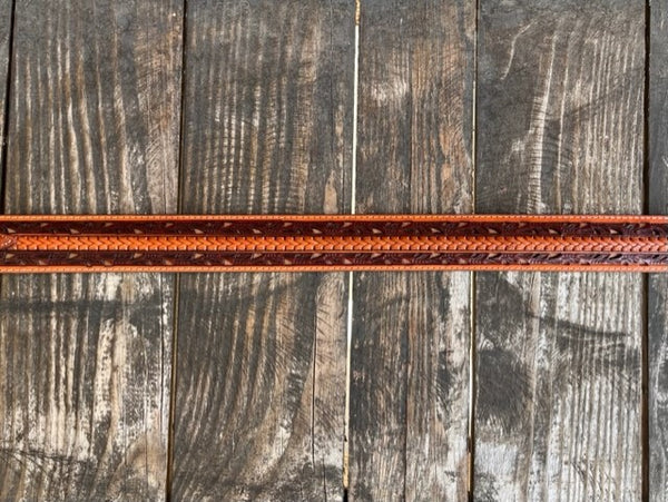 Ladies Tooled Leather Belt with Braided Leather Overlay in Cognac & Chocolate - WB2704B - Blair's Western Wear Marble Falls, TX