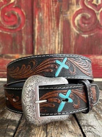 Men's Tooled Leather Belt with Turquoise Cross - N210007301 - Blair's Western Wear Marble Falls, TX 