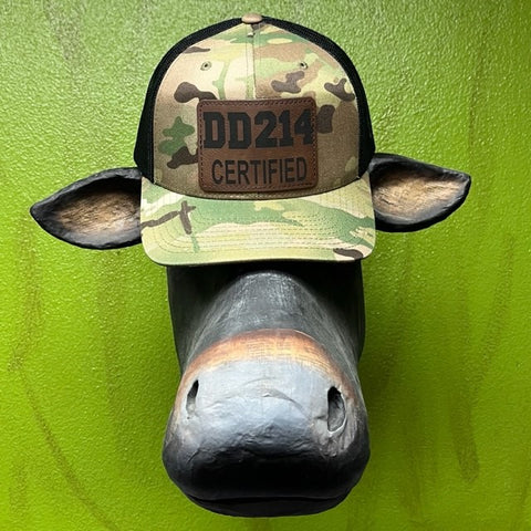 Men's Cap in Tan/Brown/Green Comoflauge with Leather Patch "DD214 Certified" - DD214 - Blair's Western Wear Marble Falls, TX 