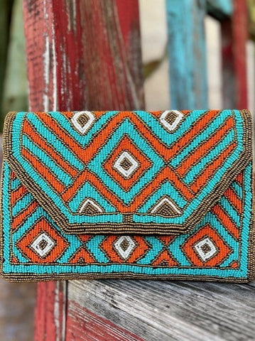 Ladies Beaded Clutch in Turquoise, Orange, Gold - LACSS156 - BLAIR'S WESTERN WEAR MARBLE FALLS, TX 