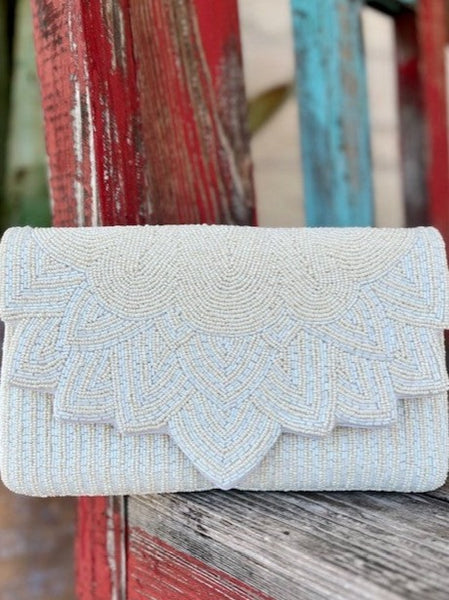 Ladies Beaded Clutch in Natural Pearl With Scallop Flower Design - EXW5051 - BLAIR'S WESTERN WEAR MARBLE FALLS, TX